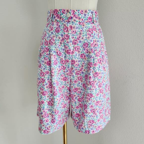 Vintage 90s Just Me Pink Floral High Waist Pleated Shorts Cotton Bermuda 8 - Picture 8 of 10